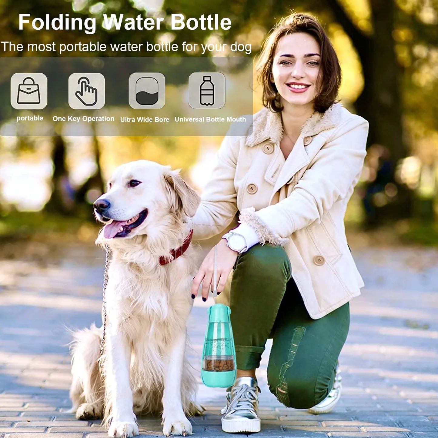 Dog Water Bottle, 4 in 1 Portable Foldable Dog Water Dispenser with Food Storage and Dog Poop Bag Storage for Pets