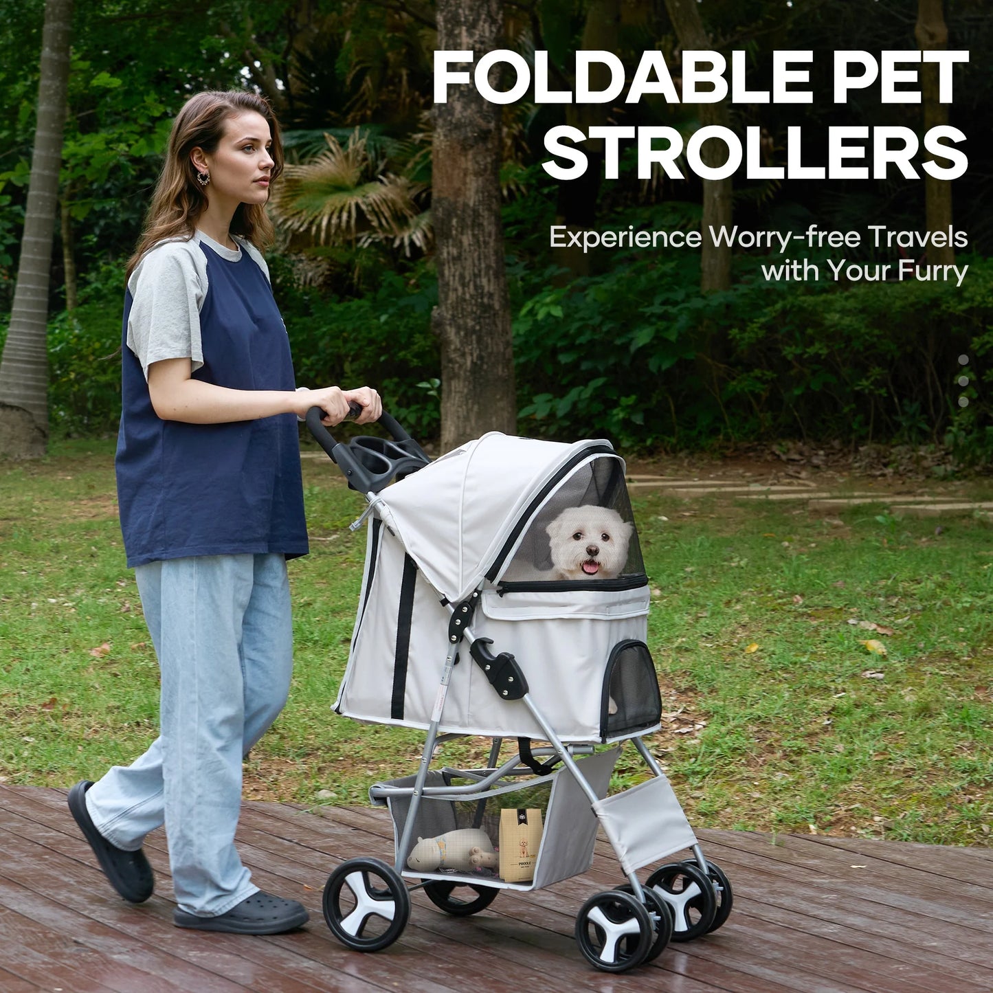Pet Dog Stroller for Small Dogs and Cats,One-Click Folding 4-Wheel Pet Stroller with Storage Basket/Cup Holder,For Travel/Jogging, Gray