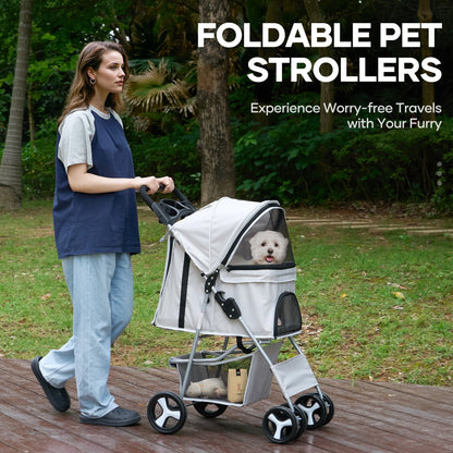Pet Dog Stroller for Small Dogs and Cats,One-Click Folding 4-Wheel Pet Stroller with Storage Basket/Cup Holder,For Travel/Jogging, Gray
