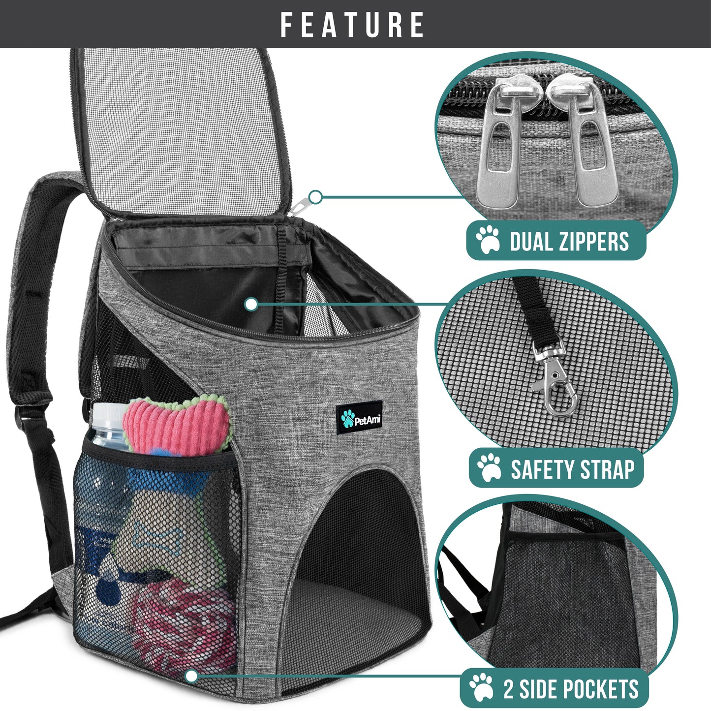 Small Dogs and Cat Backpack Carrier, Airline Approved Pet Backpack Carrier, Ventilated, Safety Strap, Buckle Support Designed for Hiking Travel Camping Outdoor, Max 18 Lbs (Heather Gray)