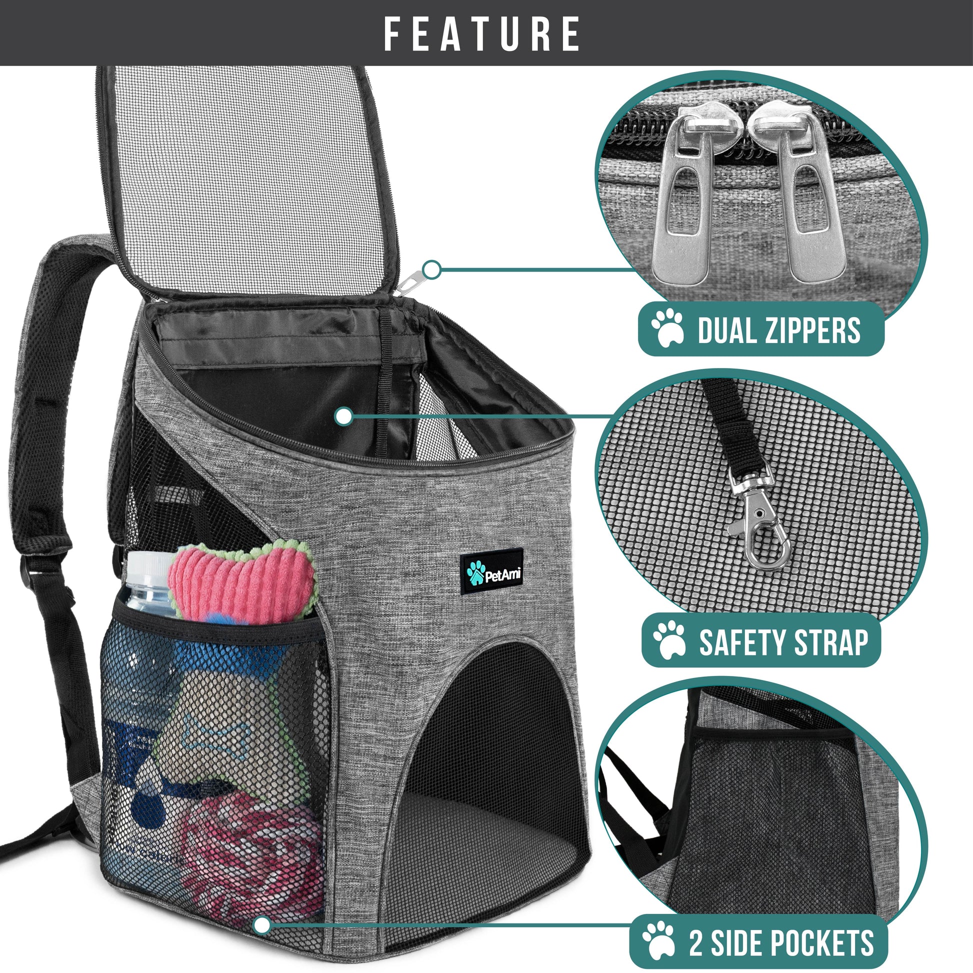 Small Dogs and Cat Backpack Carrier, Airline Approved Pet Backpack Carrier, Ventilated, Safety Strap, Buckle Support Designed for Hiking Travel Camping Outdoor, Max 18 Lbs (Heather Gray)