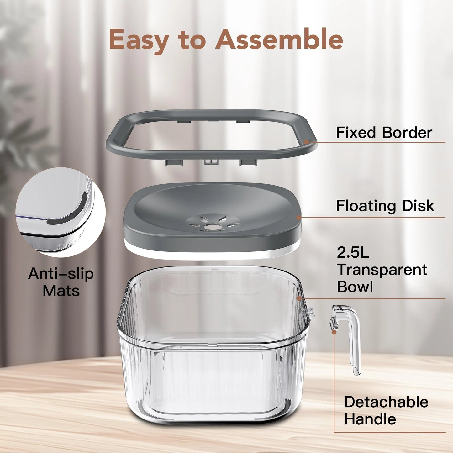 2.5L Dog Water Bowl No Spill, Spill Proof Handheld Dog Bowl for Slow Drinking, anti Splash No Mess Transparent Pet Water Feeder, Vehicle Carried Portable Travel Bowl for Sloppy Messy Drinkers