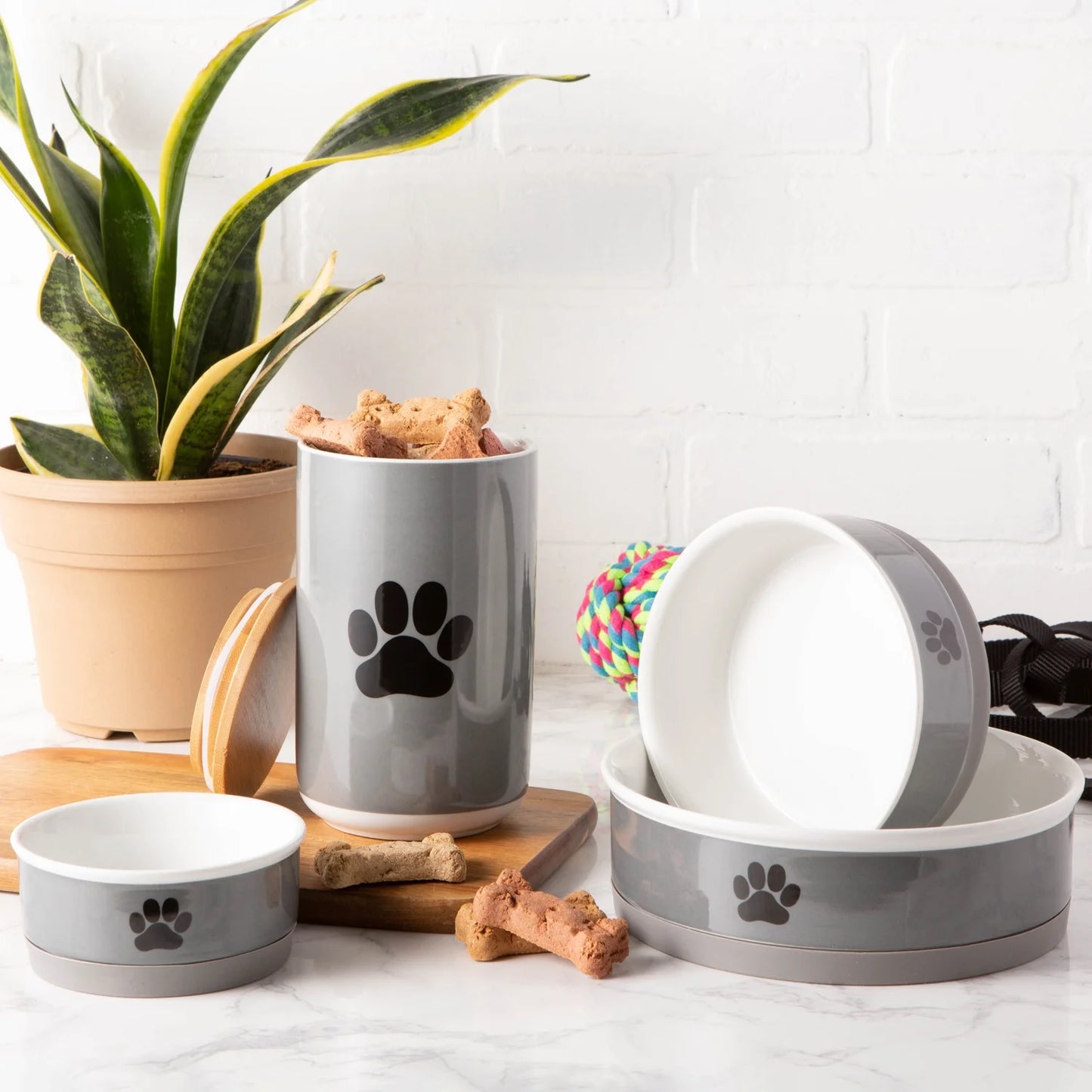 Ceramic Pet Bowls, Dishwasher Safe, Small Bowl Set, 4.25X2", Gray/Black, 2 Count