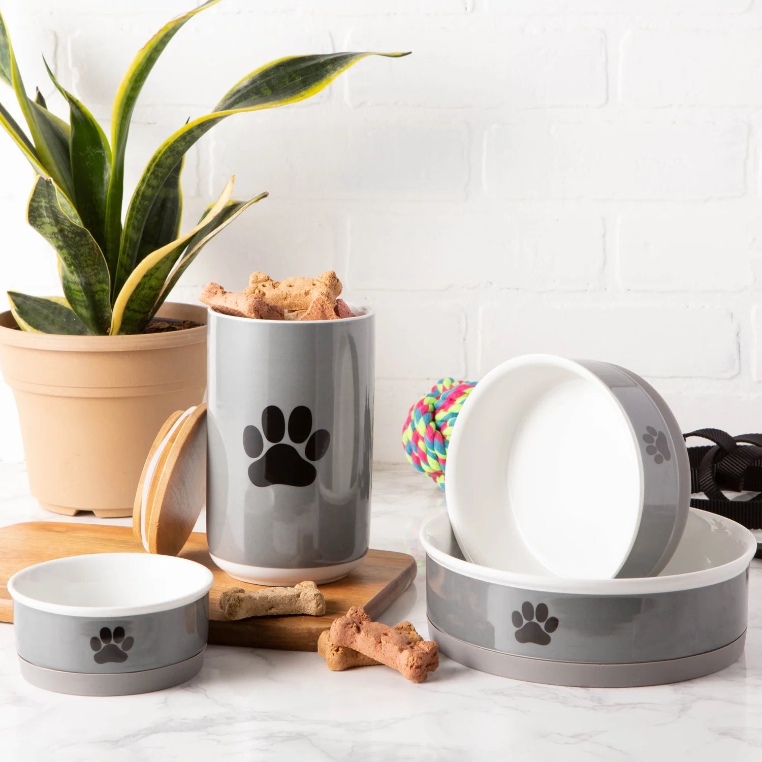 Ceramic Pet Bowls, Dishwasher Safe, Small Bowl Set, 4.25X2", Gray/Black, 2 Count