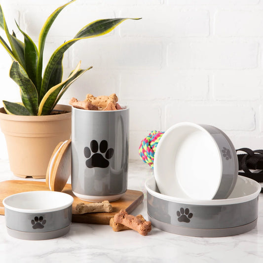 Ceramic Pet Bowls, Dishwasher Safe, Small Bowl Set, 4.25X2", Gray/Black, 2 Count