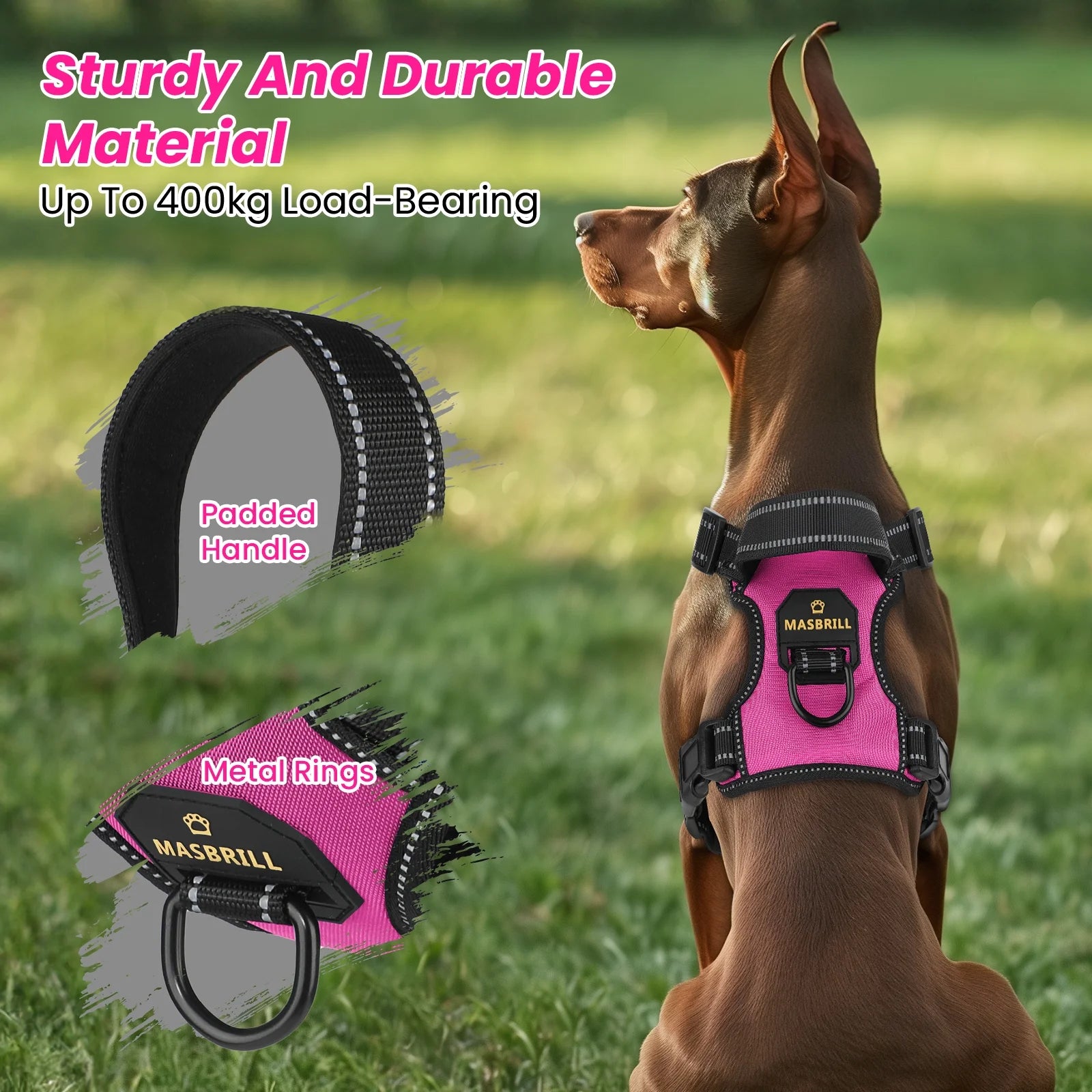 Reflective Dog Harness No Pull Dog Vest Harness with Handle, Breathable Padded Dog Chest Harness Adjustable for Small Dog-Pink