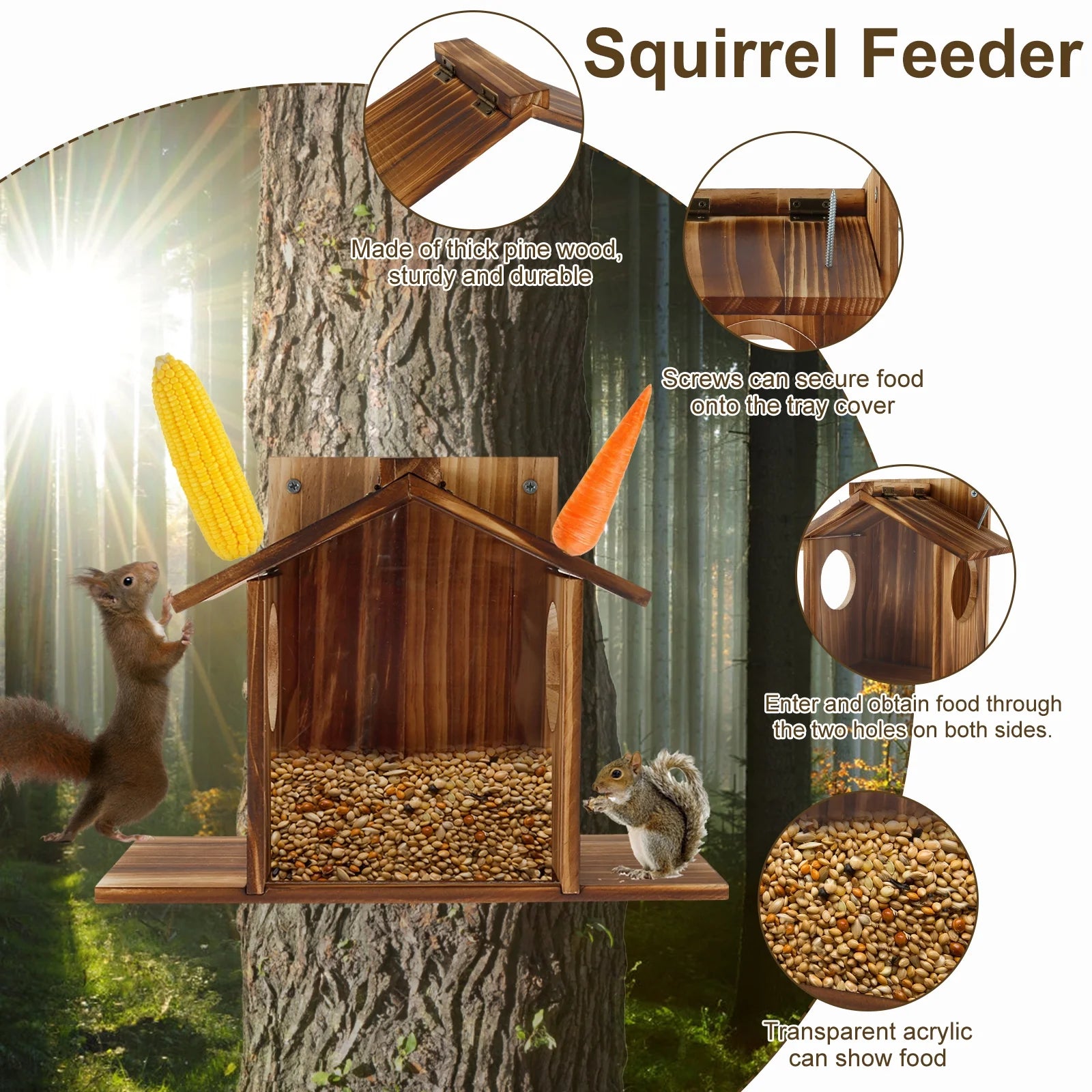 Squirrel Feeder Wooden Squirrel Feeder House Large Capacity Squirrel Feeding Stations Easy to Fill Chipmunk Feeding Station for Corn Peanuts outside 32.5X12.5X21Cm