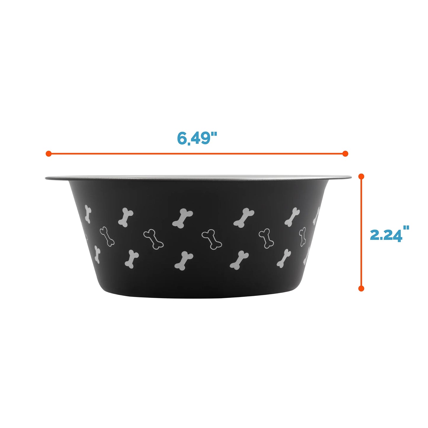 (2 Pack)  Medium Stainless Steel Dog Bowl, Black with Bones, 25.75 Fluid Ounces