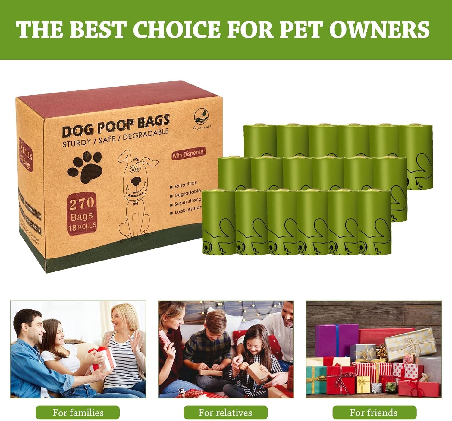 Dog Poop Bags 270 Count Dog Waste Bags with Dispenser Leak Proof Extra Thick Strong for Dogs Cats Litter Outdoor Puppy Walking, Green