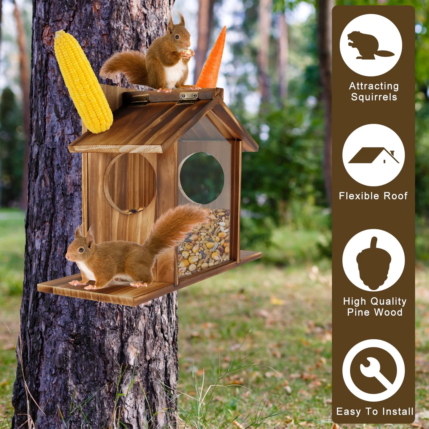 Squirrel Feeder Wooden Squirrel Feeder House Large Capacity Squirrel Feeding Stations Easy to Fill Chipmunk Feeding Station for Corn Peanuts outside 32.5X12.5X21Cm