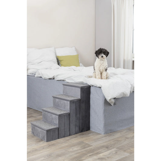4-Step Foldable Velour Pet Stairs with Storage, Gray