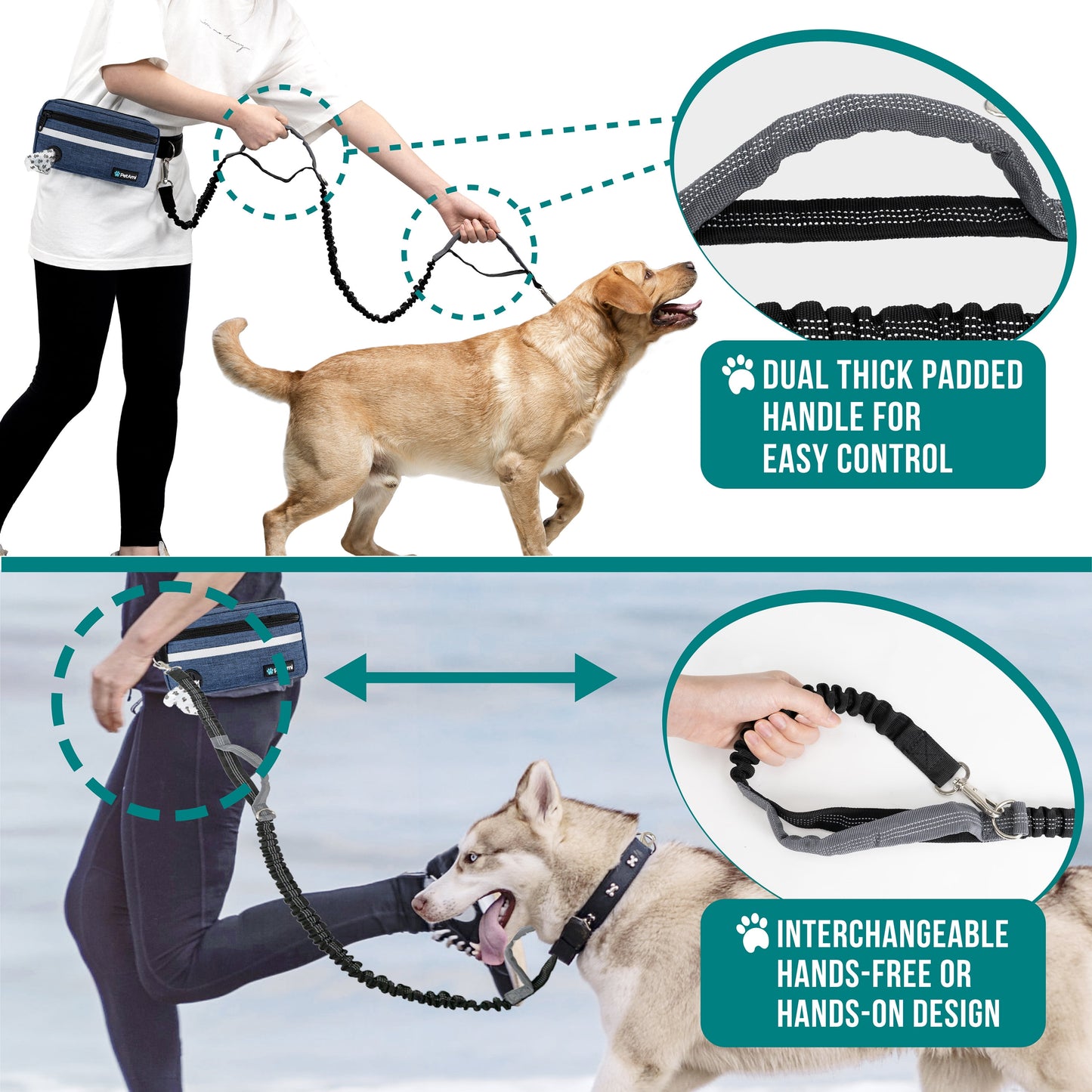 Hands Free Dog Leash, Dog Running Leash Belt for Walking Jogging, Dog Waist Zipper Pouch Fanny Pack with Poop Bag Dispenser, Dual Padded Handle Bungee Leash for Small Medium Large Dogs, Single