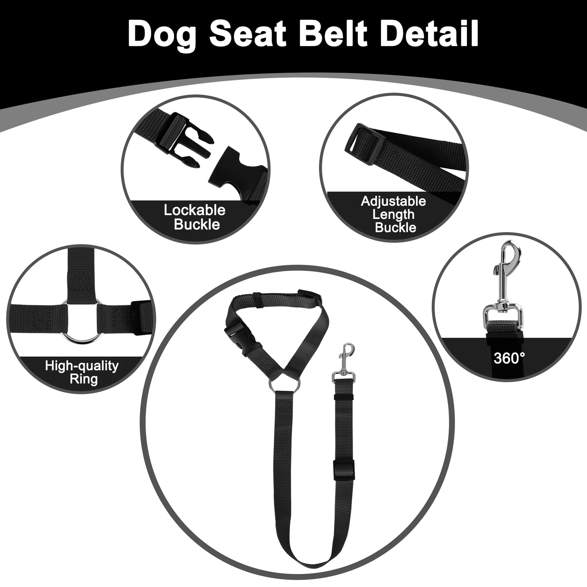 Dog Car Seat Belt,  2Pcs Nylon Tether Adjustable Pet Backseat Harness Seatbelt for Vehicle Travel Daily Use, Black