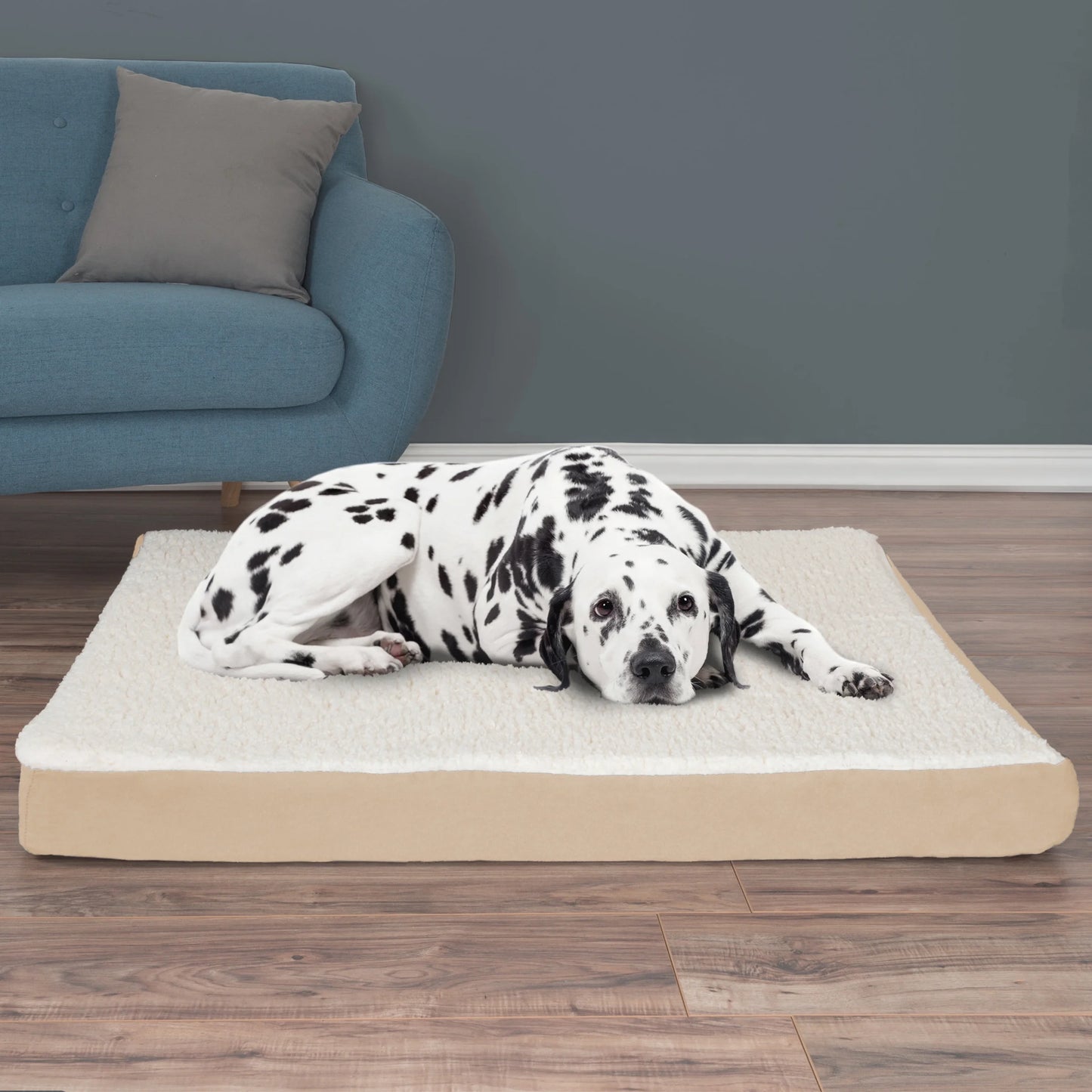 44X35 Orthopedic Dog Bed with Memory Foam and Sherpa Cover, Tan