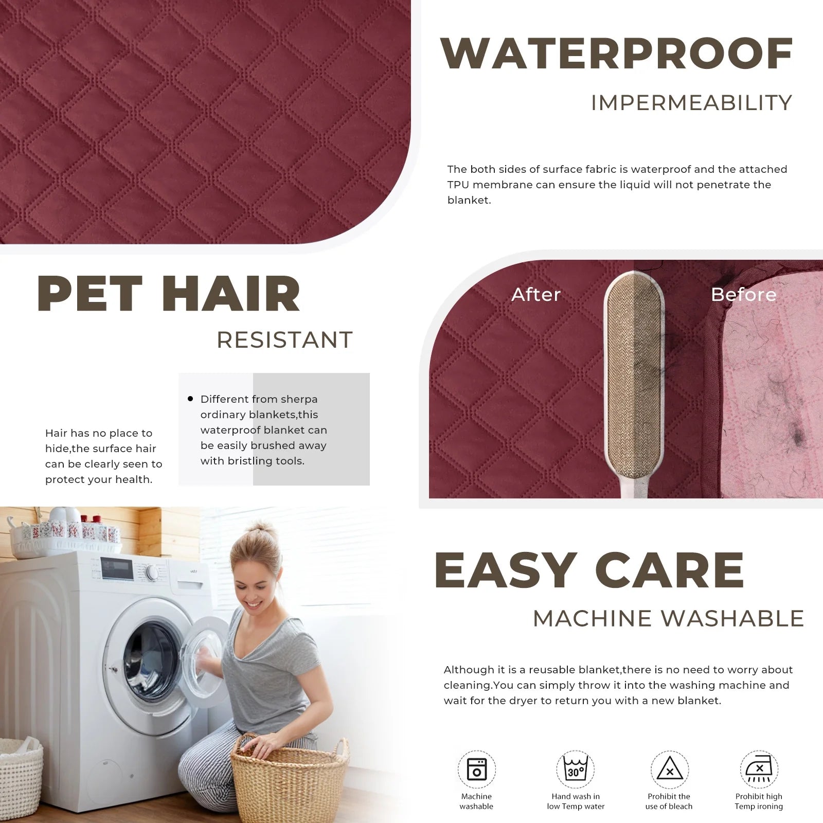 100% Double-Sided Waterproof Dog Bed Cover Pet Blanket Sofa Couch Furniture Protector for Kids Children Dog Cat, 52''X82'' Burgundy