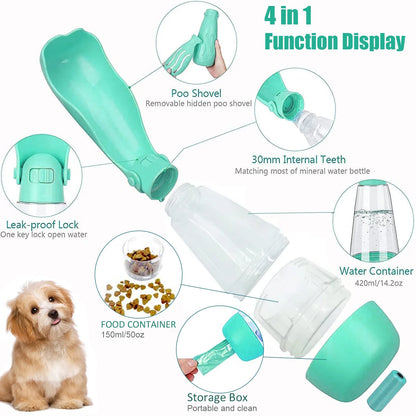 Dog Water Bottle, 4 in 1 Portable Foldable Dog Water Dispenser with Food Storage and Dog Poop Bag Storage for Pets