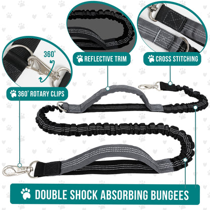 Hands Free Dog Leash, Dog Running Leash Belt for Walking Jogging, Dog Waist Zipper Pouch Fanny Pack with Poop Bag Dispenser, Dual Padded Handle Bungee Leash for Small Medium Large Dogs, Single