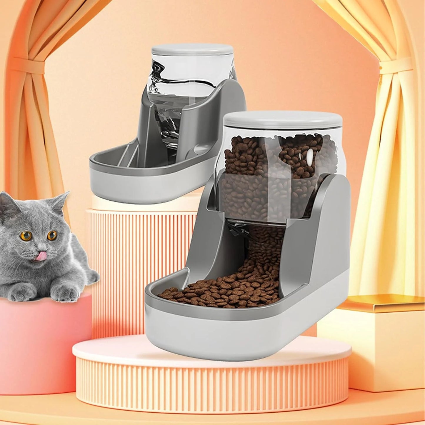 Automatic Dog Food Feeder Gravity Cat Food Dispenser Large Capacity Pet Self Feeding Station Bowl Dish for Small and Medium Dogs Cats，1 Gallon，Grey