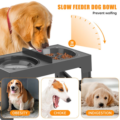 Elevated Dog Bowls, Raised Slow Feeder Dog Bowls with No Spill Dog Water Bowl Dispenser, 5 Heights Adjustable Raised Dog Bowls Stand for Small Medium Large Dogs Cats & Pets, Non-Slip Dog Feeder