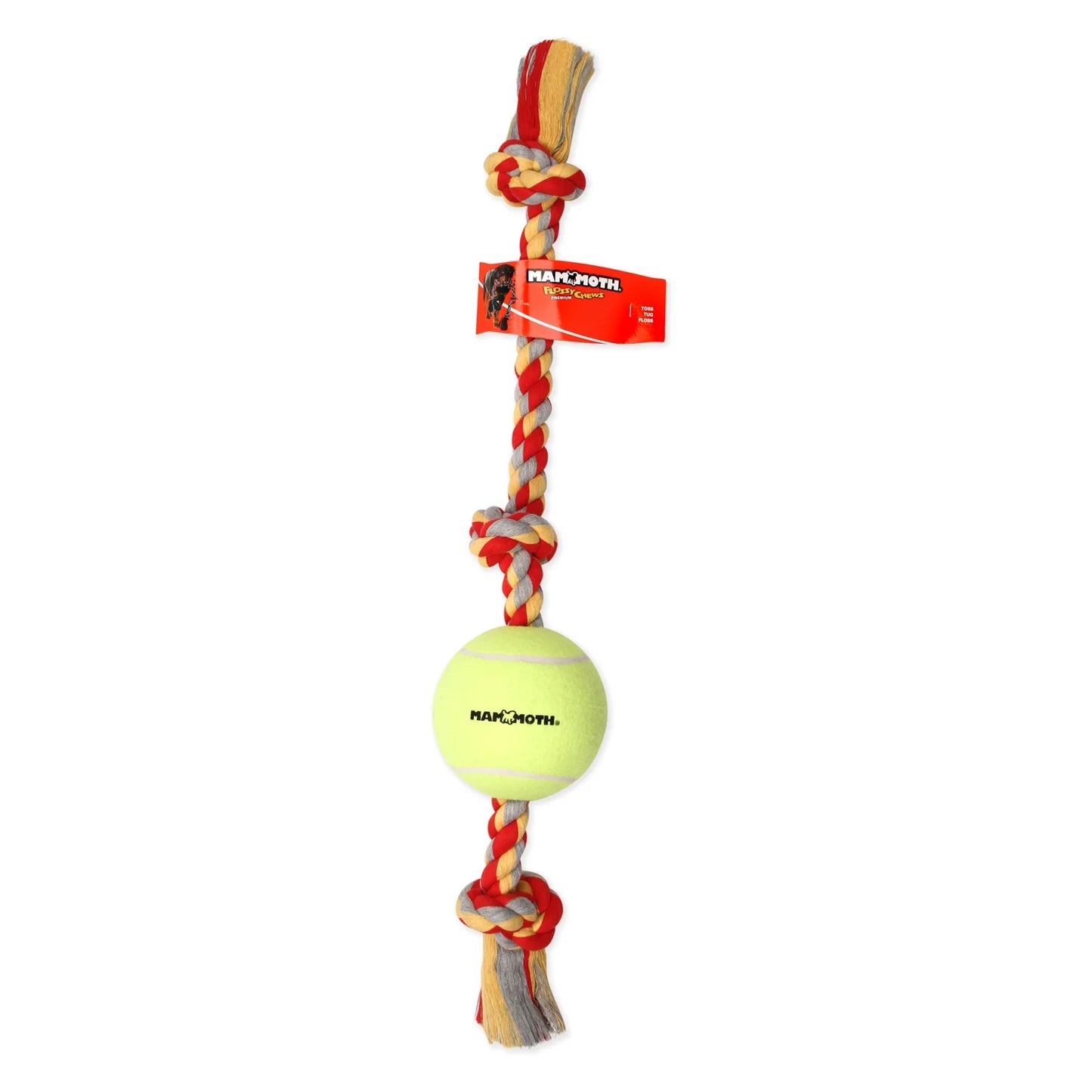 Flossy Chews Cottonblend 3 Knot Tug with Big 6" Tennis Ball Rope Dog Toy, Extra-Large, 36", Assorted Colors