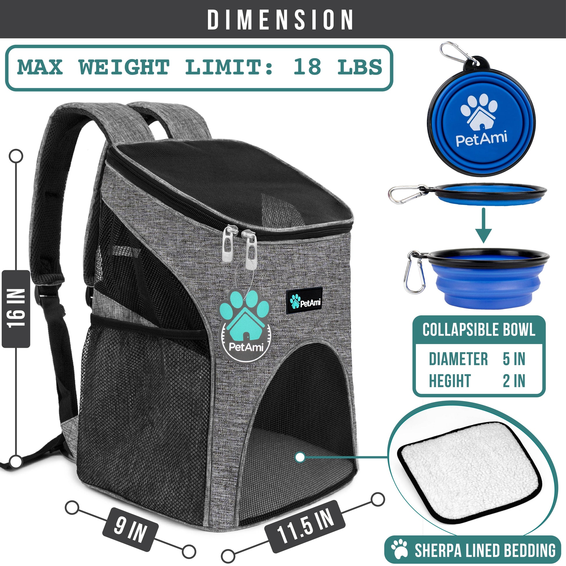 Small Dogs and Cat Backpack Carrier, Airline Approved Pet Backpack Carrier, Ventilated, Safety Strap, Buckle Support Designed for Hiking Travel Camping Outdoor, Max 18 Lbs (Heather Gray)