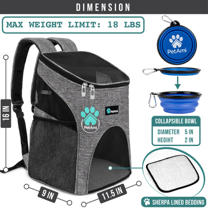 Small Dogs and Cat Backpack Carrier, Airline Approved Pet Backpack Carrier, Ventilated, Safety Strap, Buckle Support Designed for Hiking Travel Camping Outdoor, Max 18 Lbs (Heather Gray)