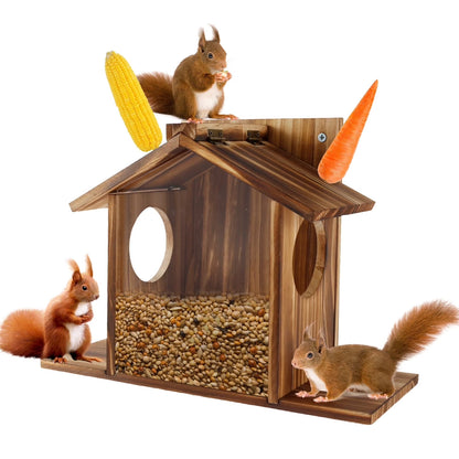 Squirrel Feeder Wooden Squirrel Feeder House Large Capacity Squirrel Feeding Stations Easy to Fill Chipmunk Feeding Station for Corn Peanuts outside 32.5X12.5X21Cm