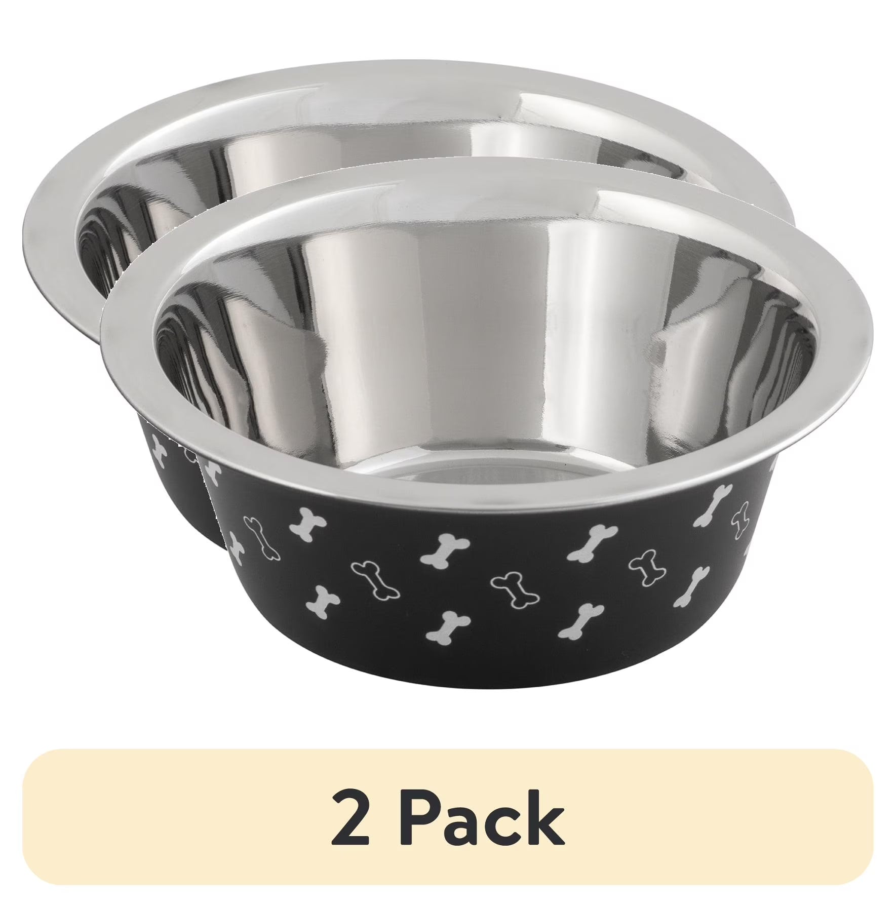 (2 Pack)  Medium Stainless Steel Dog Bowl, Black with Bones, 25.75 Fluid Ounces