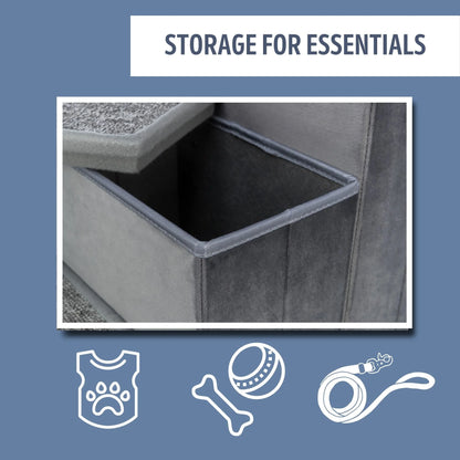 4-Step Foldable Velour Pet Stairs with Storage, Gray