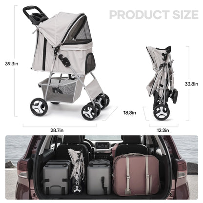 Pet Dog Stroller for Small Dogs and Cats,One-Click Folding 4-Wheel Pet Stroller with Storage Basket/Cup Holder,For Travel/Jogging, Gray