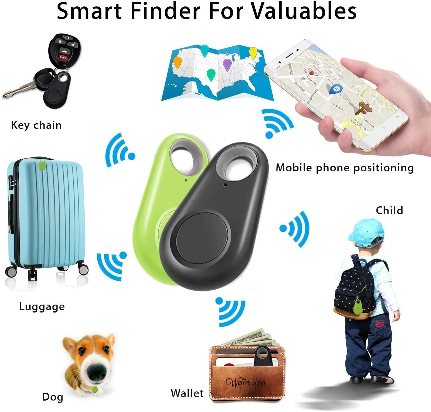 4 Pack Smart GPS Tracker Key Finder Locator Wireless anti Lost Alarm Sensor Device for Kids Dogs Car Wallet Pets Cats Motorcycles Luggage Smart Phone Selfie Shutter APP Control Compatible Ios Android