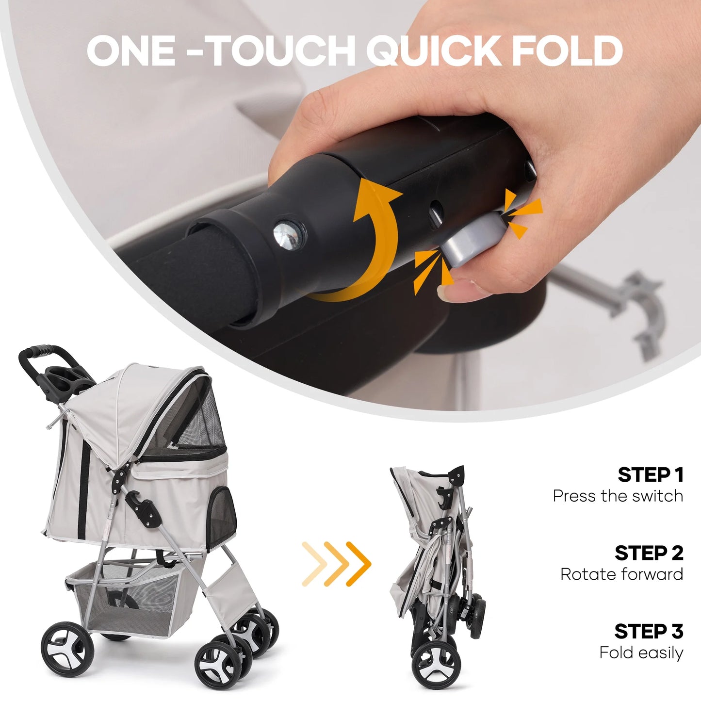 Pet Dog Stroller for Small Dogs and Cats,One-Click Folding 4-Wheel Pet Stroller with Storage Basket/Cup Holder,For Travel/Jogging, Gray