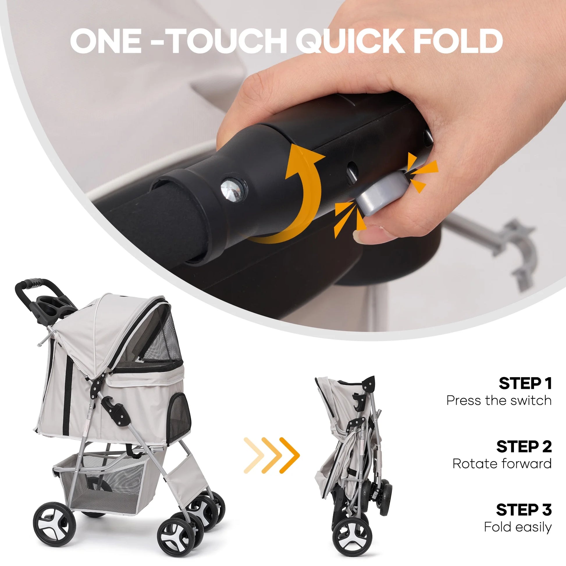 Pet Dog Stroller for Small Dogs and Cats,One-Click Folding 4-Wheel Pet Stroller with Storage Basket/Cup Holder,For Travel/Jogging, Gray