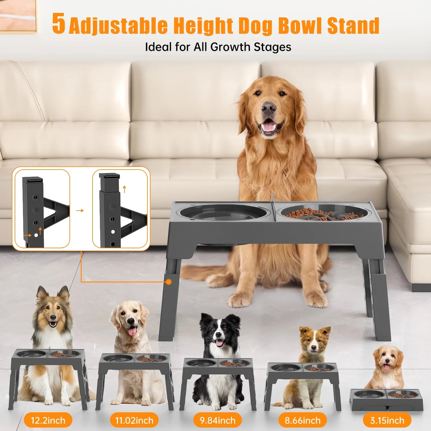 Elevated Dog Bowls, Raised Slow Feeder Dog Bowls with No Spill Dog Water Bowl Dispenser, 5 Heights Adjustable Raised Dog Bowls Stand for Small Medium Large Dogs Cats & Pets, Non-Slip Dog Feeder