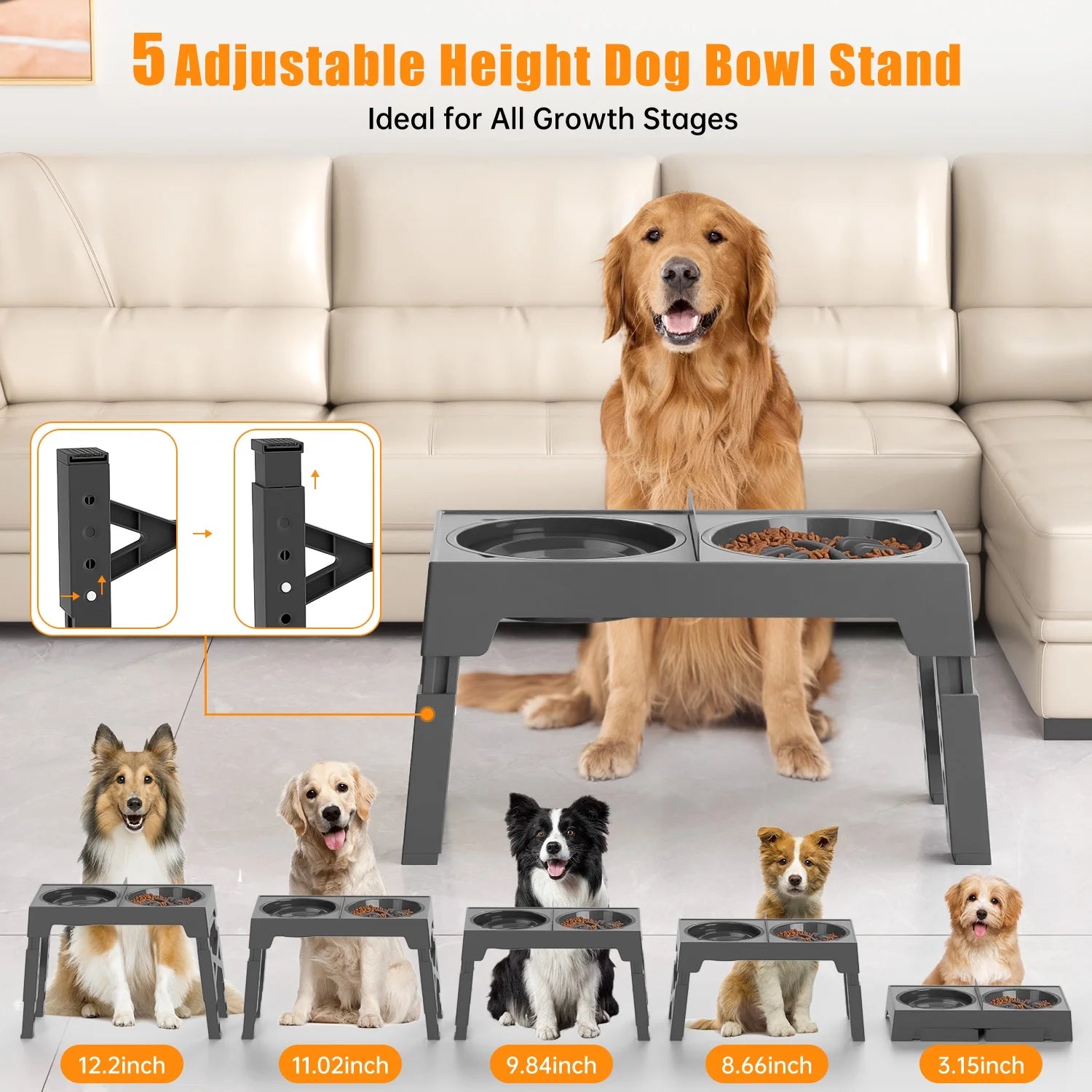 Elevated Dog Bowls, Raised Slow Feeder Dog Bowls with No Spill Dog Water Bowl Dispenser, 5 Heights Adjustable Raised Dog Bowls Stand for Small Medium Large Dogs Cats & Pets, Non-Slip Dog Feeder