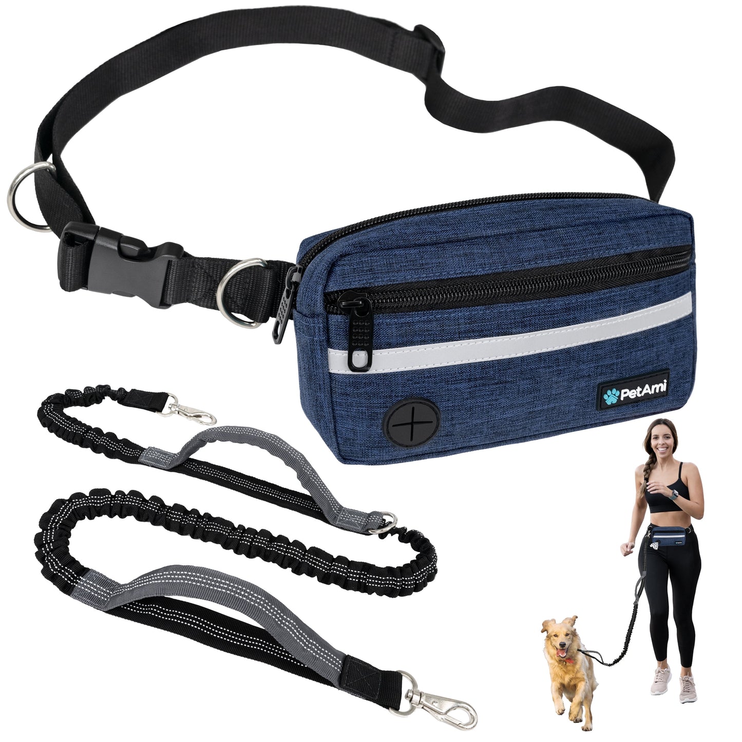 Hands Free Dog Leash, Dog Running Leash Belt for Walking Jogging, Dog Waist Zipper Pouch Fanny Pack with Poop Bag Dispenser, Dual Padded Handle Bungee Leash for Small Medium Large Dogs, Single