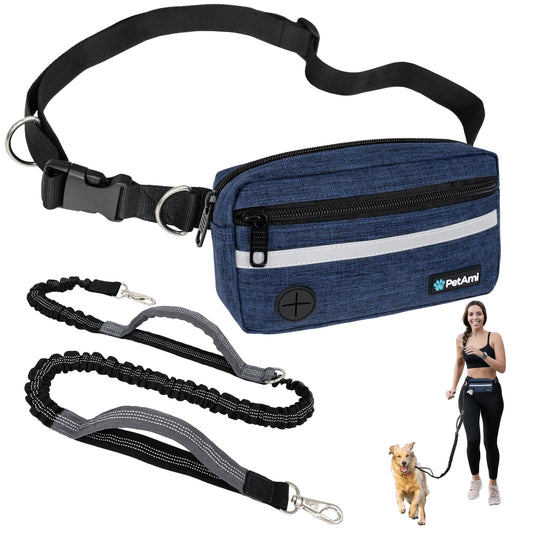 Hands Free Dog Leash, Dog Running Leash Belt for Walking Jogging, Dog Waist Zipper Pouch Fanny Pack with Poop Bag Dispenser, Dual Padded Handle Bungee Leash for Small Medium Large Dogs, Single