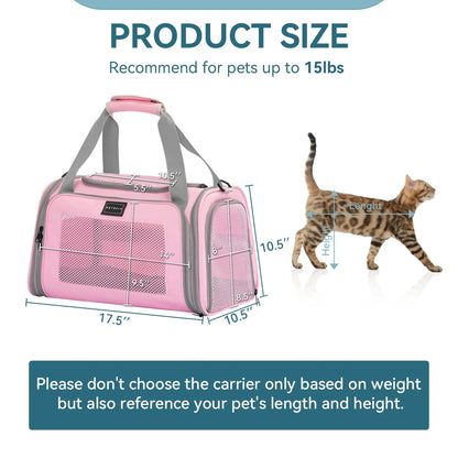 17"Pet Carrier Airline Approved, Cat Travel Carrier for Small and Medium Cats，Under 20 Lbs, Pink