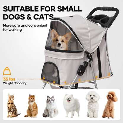 Pet Dog Stroller for Small Dogs and Cats,One-Click Folding 4-Wheel Pet Stroller with Storage Basket/Cup Holder,For Travel/Jogging, Gray