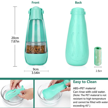 Dog Water Bottle, 4 in 1 Portable Foldable Dog Water Dispenser with Food Storage and Dog Poop Bag Storage for Pets