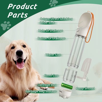 17Oz 3 in 1 Portable Dog Water Bottle, Outdoor Dog Water Dispenser with Poop Bag, Pet Travel Water Bottle Dispenser with Drinking Feeder and Food Container for Dogs Walk Travel, Length 15.55"