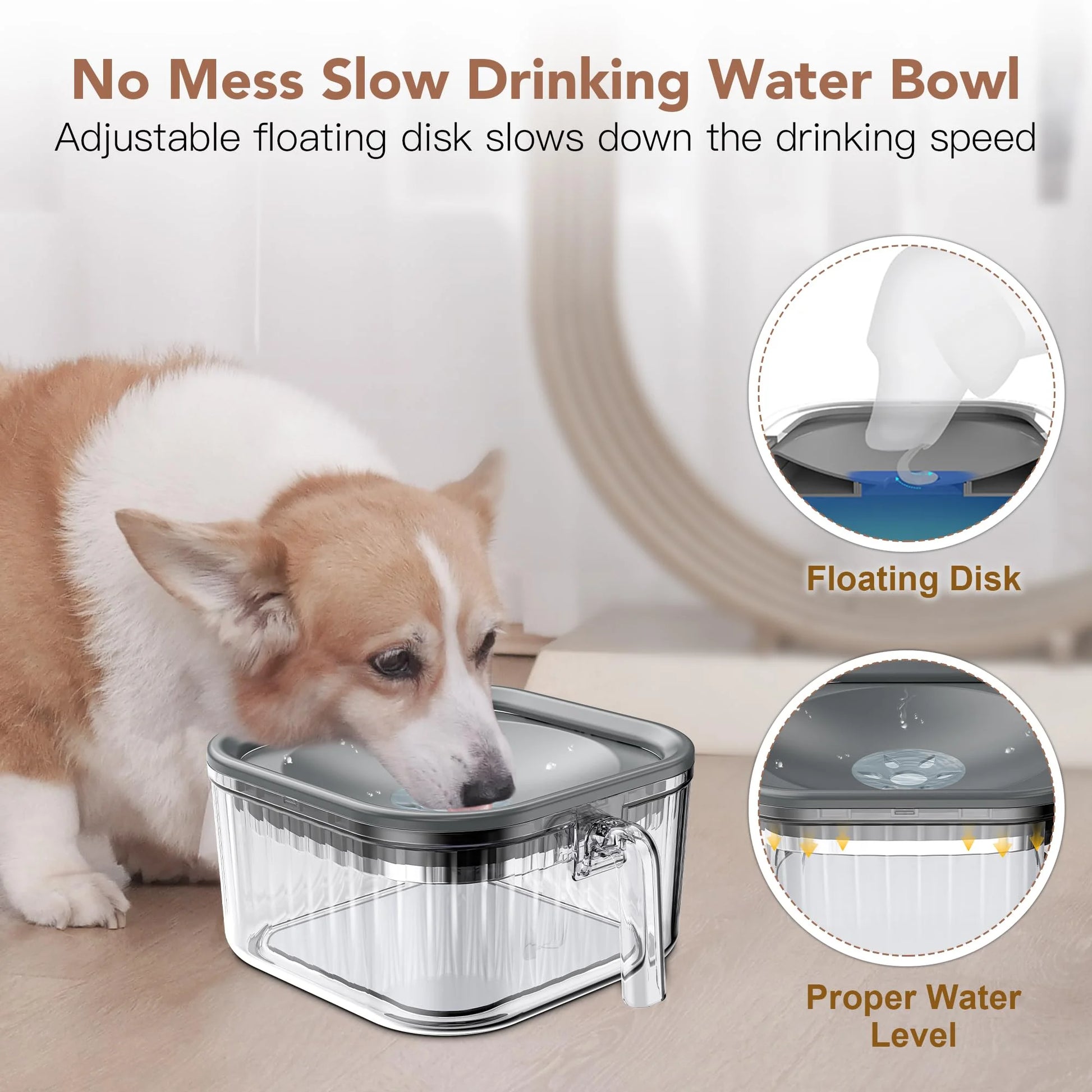 2.5L Dog Water Bowl No Spill, Spill Proof Handheld Dog Bowl for Slow Drinking, anti Splash No Mess Transparent Pet Water Feeder, Vehicle Carried Portable Travel Bowl for Sloppy Messy Drinkers
