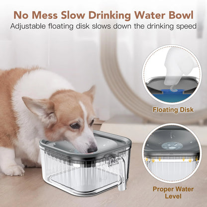 2.5L Dog Water Bowl No Spill, Spill Proof Handheld Dog Bowl for Slow Drinking, anti Splash No Mess Transparent Pet Water Feeder, Vehicle Carried Portable Travel Bowl for Sloppy Messy Drinkers