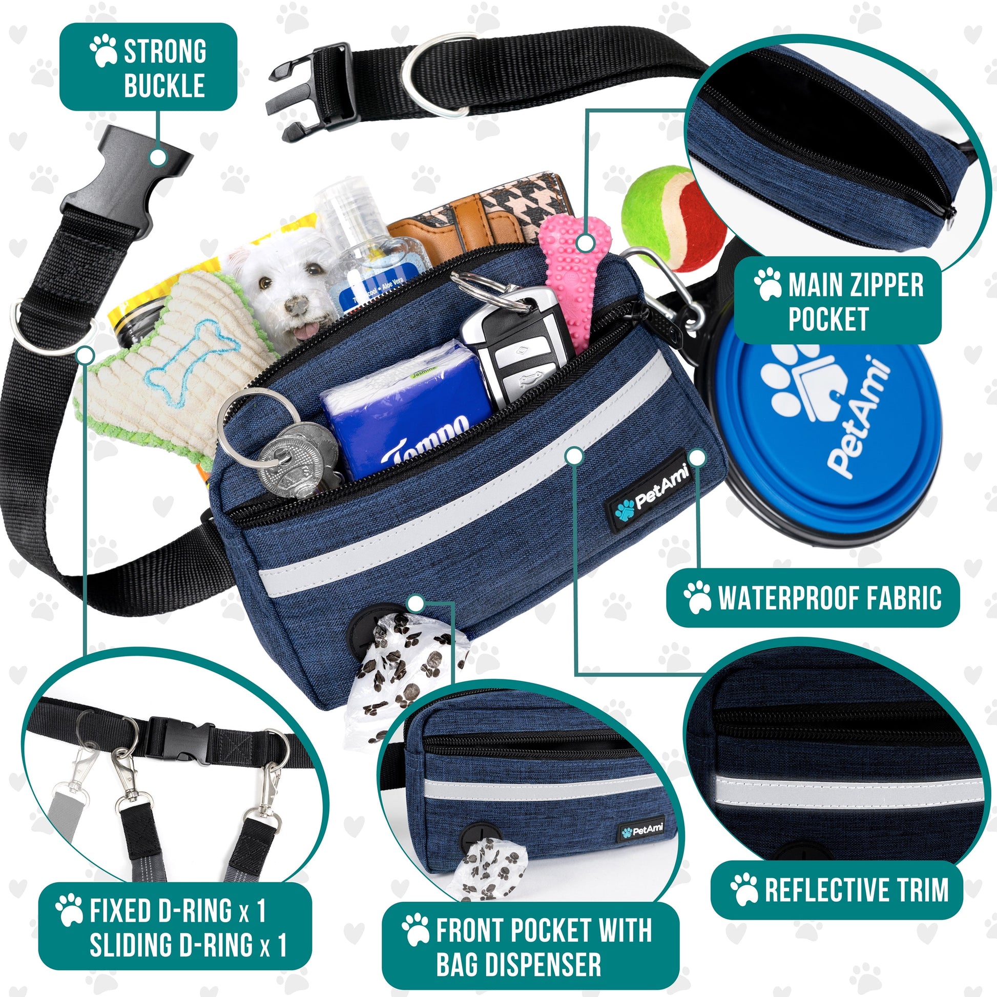 Hands Free Dog Leash, Dog Running Leash Belt for Walking Jogging, Dog Waist Zipper Pouch Fanny Pack with Poop Bag Dispenser, Dual Padded Handle Bungee Leash for Small Medium Large Dogs, Single