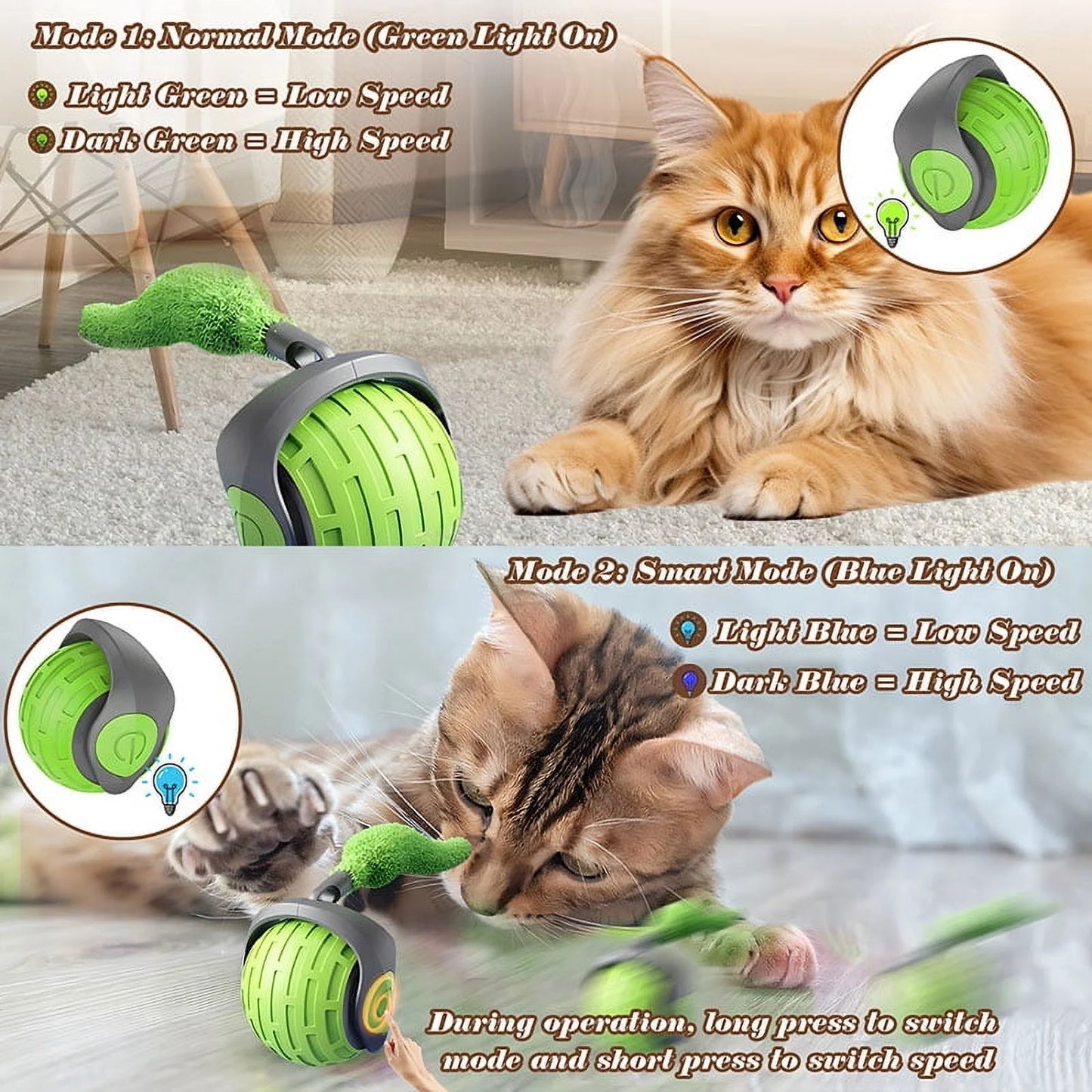 Cat Interactive Ball Toys Rolling Ball Faux Tail Rechargeable Smart Pet Toys Interactive Toys for Indoor Cats（2Pcs)