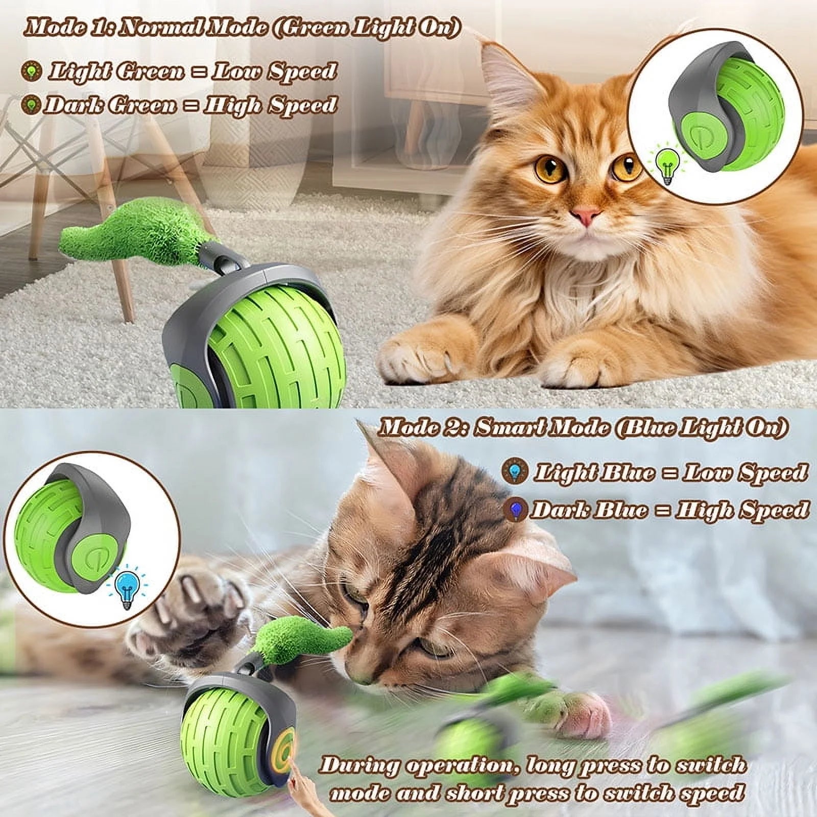 Cat Interactive Ball Toys Rolling Ball Faux Tail Rechargeable Smart Pet Toys Interactive Toys for Indoor Cats（2Pcs)