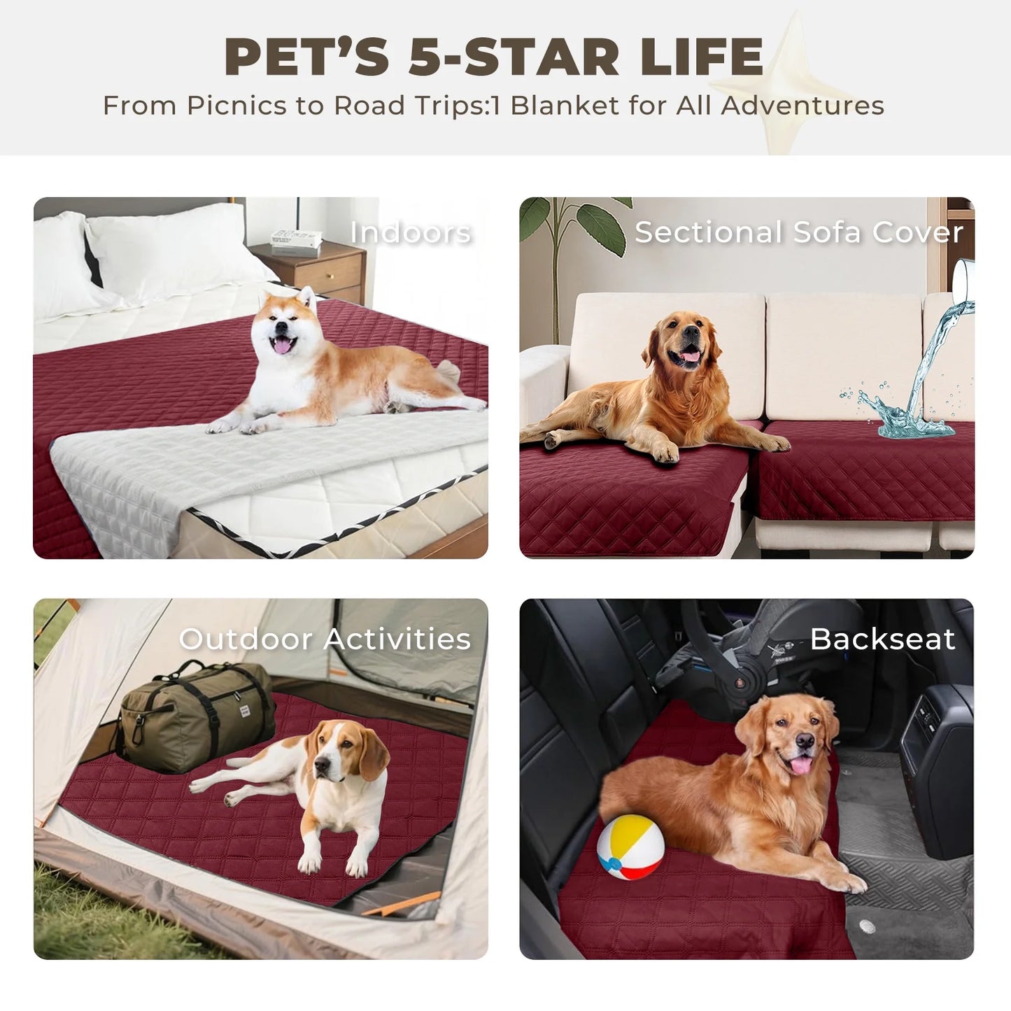 100% Double-Sided Waterproof Dog Bed Cover Pet Blanket Sofa Couch Furniture Protector for Kids Children Dog Cat, 52''X82'' Burgundy