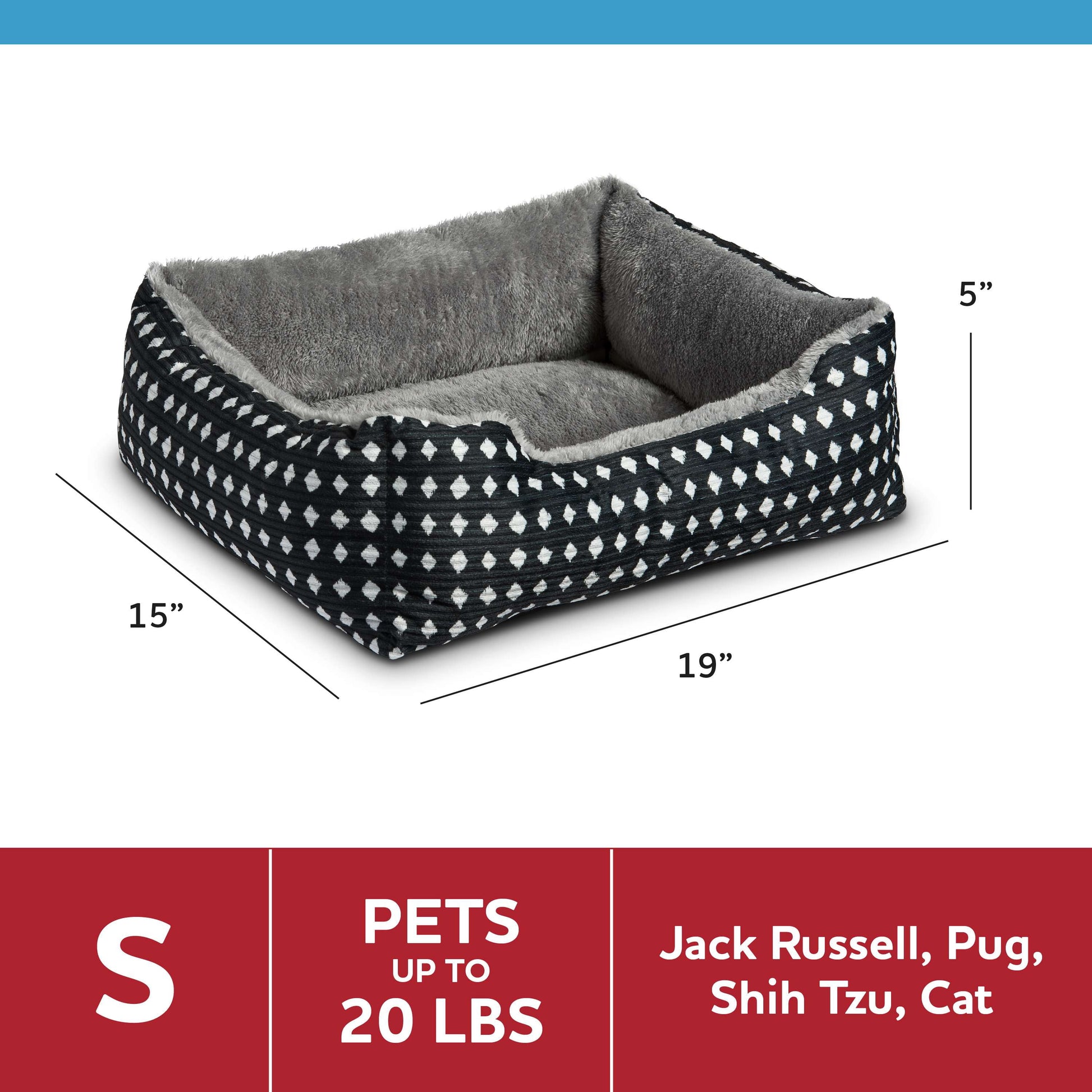 Dog Bed, Cat Bed, Puppy Bed, Plush Cuddle Bed for Small Breeds, 19" X 15",Black & White Diamonds