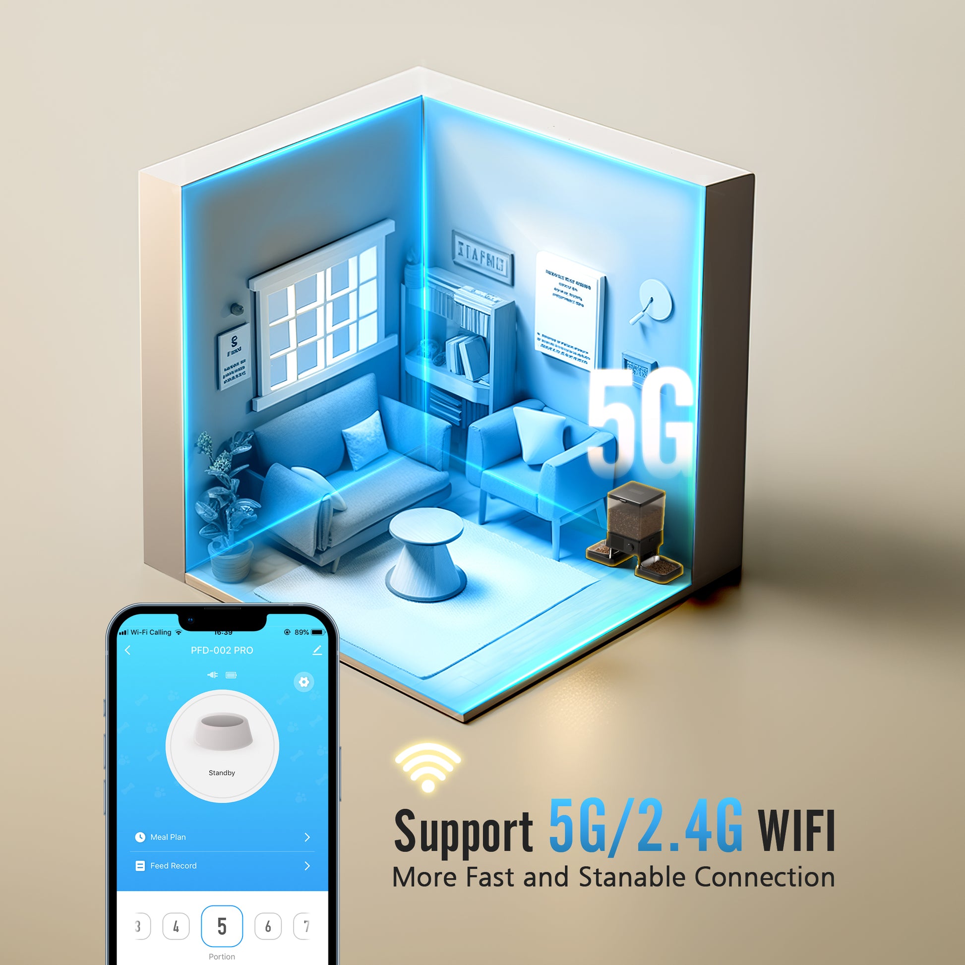 5L/20 Cups Automatic Cat Feeder with 5G Wifi & APP Control, PFD-002 PRO Double Bowl Cat Food Dispenser with 1 Desiccant Bag, Timed Automatic Pet Feeder for 2 Cats/2 Small Dogs - Black