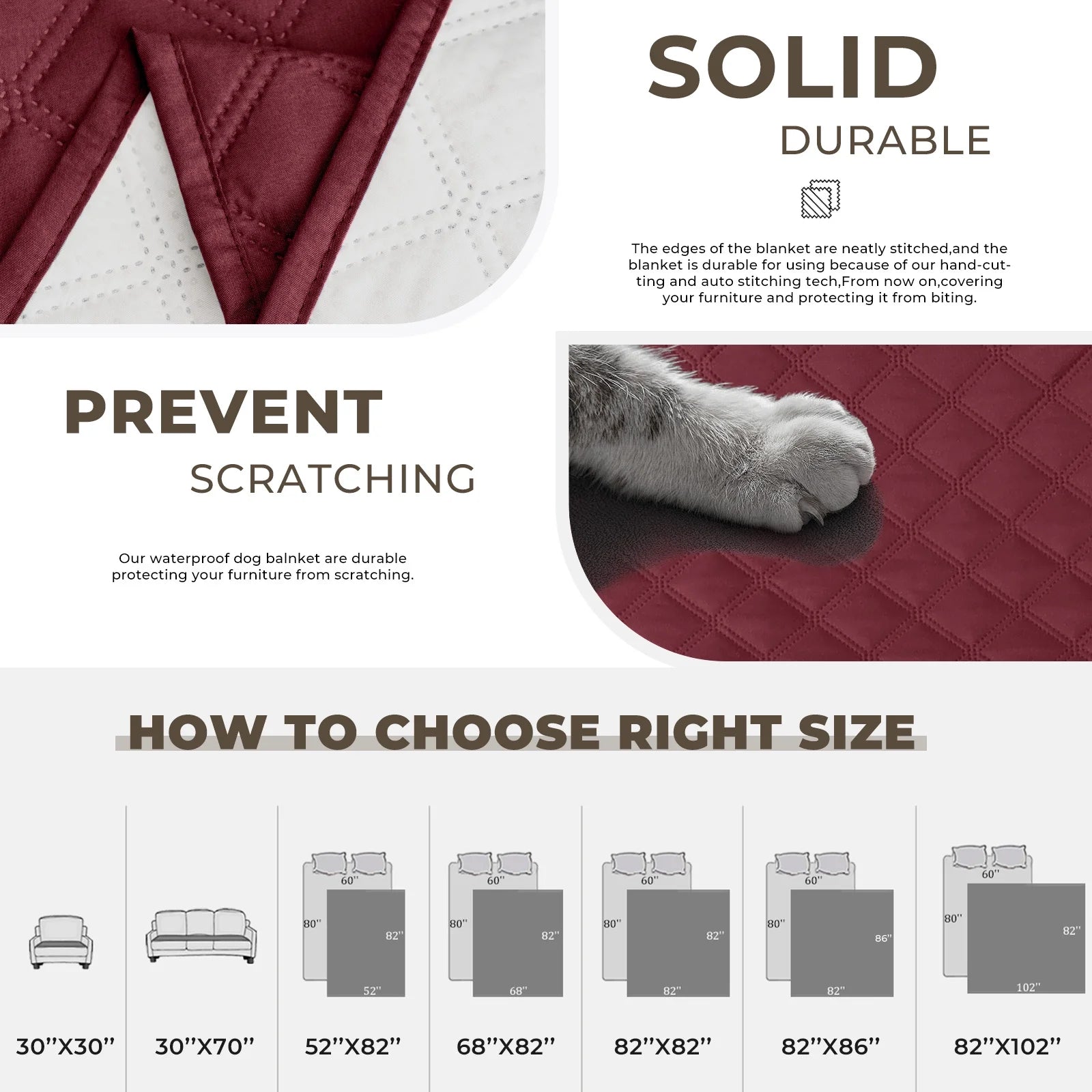100% Double-Sided Waterproof Dog Bed Cover Pet Blanket Sofa Couch Furniture Protector for Kids Children Dog Cat, 52''X82'' Burgundy